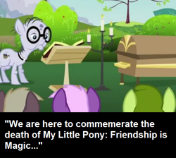 Size: 570x511 | Tagged: safe, derpibooru import, edit, edited screencap, screencap, coco crusoe, mr. waddle, oakey doke, pony, hearts and hooves day (episode), alicorn drama, alicorngate, background pony strikes again, cropped, funeral, harsher in hindsight, hearts and hooves day, text, twilicorngate, welch