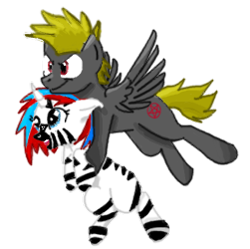 Size: 251x250 | Tagged: safe, artist:drake-ryu, derpibooru import, oc, oc only, oc:charmer, oc:death metal, pegasus, pony, zebracorn, present