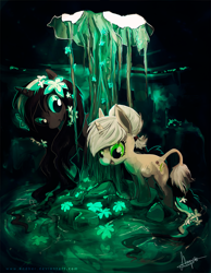 Size: 2333x3000 | Tagged: safe, artist:endber, derpibooru import, oc, oc only, donkey, pony, unicorn, cave, flower, glow, half-breed, water