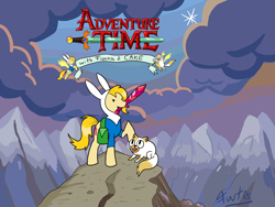 Size: 900x675 | Tagged: safe, artist:fuutachimaru, derpibooru import, adventure time, cake, cake the cat, crossover, fionna, ponified, sword