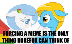 Size: 1504x926 | Tagged: safe, artist:xeirox, derpibooru import, edit, oc, oc only, oc:google chrome, oc:internet explorer, earth pony, pegasus, pony, blushing, browser ponies, caption, female, forced meme, google chrome, image macro, interchrome, internet browser, internet explorer, lesbian, lesbian pony internet browsers, looking at each other, mare, oc x oc, shipping