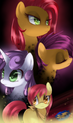 Size: 600x1000 | Tagged: dead source, safe, artist:loyaldis, derpibooru import, apple bloom, babs seed, scootaloo, sweetie belle, earth pony, pegasus, pony, unicorn, action poster, cutie mark crusaders, eyes closed, female, mare, older