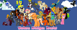 Size: 815x315 | Tagged: safe, artist:drake-ryu, derpibooru import, oc, oc only, oc:blackberry tart, oc:charmer, oc:cynical pink, oc:death metal, oc:epiphany bomb, oc:peach palette, oc:sifi, michigan bronies, mittens