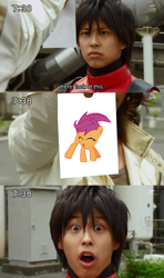 Size: 532x900 | Tagged: safe, derpibooru import, scootaloo, chicken jokes, go-busters, hiromu, jin masato, scootachicken, super sentai