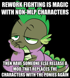 Size: 624x690 | Tagged: safe, derpibooru import, idw, spike, dragon, fighting is magic, drama, fighting is drama, image macro, meme, problem solved, sitting, thinking