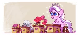 Size: 1349x611 | Tagged: safe, artist:cmaggot, derpibooru import, apple bloom, diamond tiara, scootaloo, silver spoon, family appreciation day, bored, cute, desk, diamondbetes, faceplant