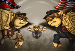 Size: 900x612 | Tagged: safe, artist:akie-tara, derpibooru import, american civil war, civil war, clothes, confederate, flag, hetalia, ponified, union, united states, war