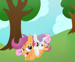 Size: 1280x1067 | Tagged: safe, artist:newlunaticrepublic, derpibooru import, scootaloo, sweetie belle, female, lesbian, scootabelle, shipping