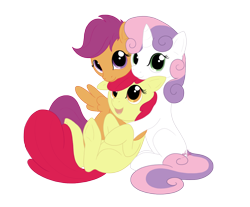 Size: 1234x1024 | Tagged: safe, artist:drake, derpibooru import, apple bloom, scootaloo, sweetie belle, cute, cutie mark crusaders, floppy ears, hooves, hug, looking at you, on back, open mouth, simple background, smiling, transparent background, underhoof