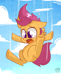 Size: 1000x1200 | Tagged: safe, artist:kty159, derpibooru import, scootaloo, pegasus, pony, cloud, digital art, falling, female, filly, floppy ears, open mouth, scootaloo can't fly, signature, sky, solo, spread wings, teary eyes, underhoof, wings