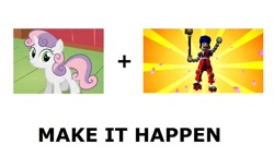 Size: 1046x600 | Tagged: safe, derpibooru import, sweetie belle, sweetie bot, pony, robot, robot pony, unicorn, blank flank, exploitable meme, female, filly, foal, goemon impact, hooves, horn, make it happen, mystical ninja: starring goemon, sunburst background, text