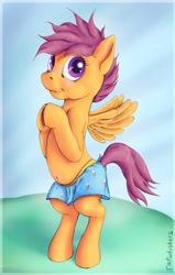 Size: 1200x1890 | Tagged: safe, artist:ratwhiskers, derpibooru import, scootaloo, belly button, boxers, clothes, partial nudity, swimsuit, topless