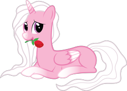 Size: 6148x4438 | Tagged: safe, artist:techrainbow, derpibooru import, oc, oc only, alicorn, pony, absurd resolution, alicorn oc, blank flank, mouth hold, princess hallowskye, rose, solo