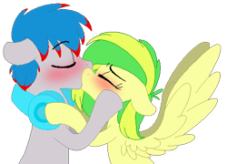 Size: 472x340 | Tagged: safe, artist:artflicker, derpibooru import, oc, oc only, oc:the living tombstone, oc:wooden toaster, blushing, female, kissing, male, musician, oc x oc, ponysona, shipping, straight, tombtoaster, wingboner