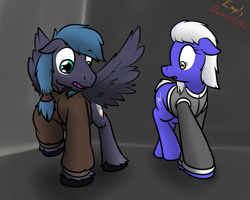 Size: 955x765 | Tagged: safe, artist:the-furry-railfan, oc, oc only, oc:night strike, oc:static charge, earth pony, pegasus, pony, fallout equestria, fallout equestria: empty quiver, april fools, clothes, jacket, rule 63, story, unshorn fetlocks