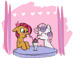 Size: 911x722 | Tagged: safe, artist:cat4lyst, derpibooru import, babs seed, sweetie belle, babsbelle, blushing, cropped, cute, eyes closed, female, floppy ears, lesbian, marriage proposal, milkshake, open mouth, ring, sharing, shipping, smiling, wide eyes