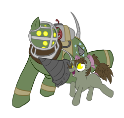 Size: 1638x1552 | Tagged: safe, artist:itsaaudraw, derpibooru import, big daddy, bioshock, crossover, little sister, ponified
