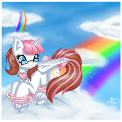 Size: 500x500 | Tagged: safe, artist:yuki-orin, derpibooru import, oc, oc only, alicorn, pony, alicorn oc, cloud, cloudy, rainbow