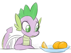 Size: 984x742 | Tagged: safe, artist:reiduran, spike, dragon, bowl, frown, orange, requested art, solo