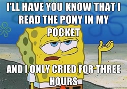 Size: 400x281 | Tagged: safe, artist:baroquenexus, derpibooru import, barely pony related, fanfic, image macro, impact font, no weenies allowed, spongebob squarepants, the pony in my pocket