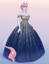 Size: 2376x3096 | Tagged: safe, artist:askbubblelee, oc, oc only, oc:rosie quartz, anthro, unguligrade anthro, unicorn, anthro oc, barrette, beautiful, big breasts, blushing, breasts, cleavage, clothes, curved horn, digital art, dress, evening gloves, fancy, female, gloves, gown, gradient background, horn, leonine tail, lips, long gloves, mare, nervous, scar, solo, sweat