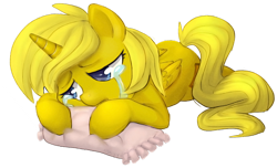 Size: 600x365 | Tagged: safe, artist:adailey, derpibooru import, oc, oc only, oc:ticket, alicorn, pony, alicorn oc, crying, pillow, sad, simple background, solo, transparent background