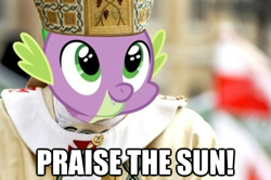 Size: 625x414 | Tagged: safe, derpibooru import, spike, dragon, image macro, pope, praise the sun, the spike pope