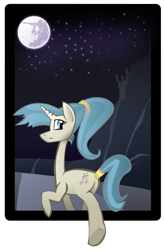 Size: 725x1102 | Tagged: safe, artist:flutterwhat, derpibooru import, allie way, pony, unicorn, female, looking back, mare, mare in the moon, moon, night, solo