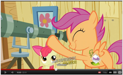 Size: 778x476 | Tagged: safe, derpibooru import, screencap, apple bloom, scootaloo, stalkerloo, youtube caption