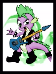 Size: 1536x2048 | Tagged: safe, artist:davidvega123, derpibooru import, spike, dragon, boots, clothes, electric guitar, guitar, iceman, punk rock, rock, spiked wristband, tongue out, vest