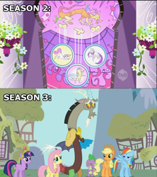 Size: 1280x1440 | Tagged: safe, derpibooru import, screencap, discord, keep calm and flutter on, season 2, season 3, the return of harmony, comparison, hub logo, image macro, stained glass