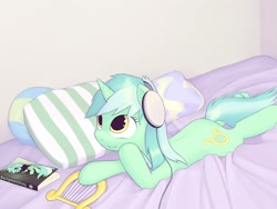 Size: 1660x1246 | Tagged: safe, artist:lurarin, derpibooru import, lyra heartstrings, fanfic:background pony, bed, book, headphones, lyre, pillow, prone, smiling, solo