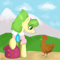 Size: 700x700 | Tagged: safe, artist:robynne, derpibooru import, chickadee, ms. peachbottom, chicken, games ponies play