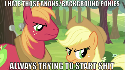 Size: 993x560 | Tagged: safe, derpibooru import, edit, edited screencap, screencap, applejack, big macintosh, earth pony, pony, ponyville confidential, angry, background pony, derpibooru, duo, image macro, male, stallion, vulgar