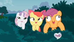 Size: 1600x900 | Tagged: safe, artist:misterdavey, derpibooru import, apple bloom, scootaloo, sweetie belle, derp, derpy gets pranked, hub logo