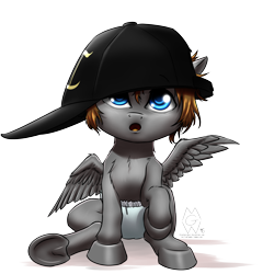 Size: 2000x2083 | Tagged: safe, artist:mykegreywolf, oc, oc only, oc:zeus, pegasus, pony, baby, baseball cap, cute, diaper, foal, hat, offspring, solo, underhoof