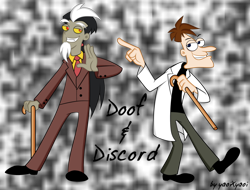 Size: 900x683 | Tagged: safe, artist:yaoixyaoi, derpibooru import, discord, crossover, heinz doofenshmirtz, humanized, phineas and ferb, style emulation