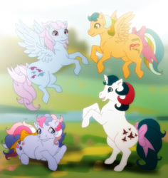 Size: 900x954 | Tagged: safe, artist:ryo-utagawa, derpibooru import, gusty, masquerade (g1), sweet stuff, wind whistler, twinkle eyed pony, g1