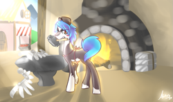 Size: 843x495 | Tagged: safe, artist:atrixy, derpibooru import, oc, oc only, anvil, apron, blacksmith, blushing, clothes, fireplace, hammer, looking at you, looking back, mouth hold, raised hoof, solo, underhoof