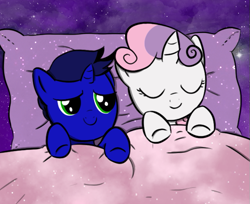 Size: 603x493 | Tagged: safe, artist:izanagisinx, derpibooru import, sweetie belle, oc, pony, unicorn, bed, canon x oc, female, male, shipping, straight