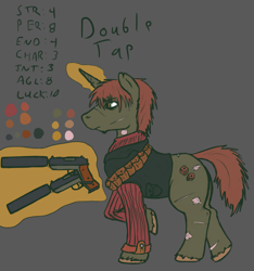 Size: 949x1014 | Tagged: safe, artist:stonershy, derpibooru import, oc, oc only, oc:double tap, fallout equestria, fallout equestria: anywhere but here, dual wield, edge, edgy, fanfic art, gun, pistol, reference sheet, solo, suppressor