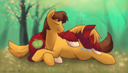 Size: 1280x729 | Tagged: safe, artist:chocoscotch, artist:kure, derpibooru import, big macintosh, caramel, earth pony, pony, caramac, cuddling, gay, male, shipping, stallion