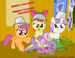 Size: 626x485 | Tagged: safe, artist:changeling #209458, derpibooru import, apple bloom, scootaloo, spike, sweetie belle, bucket, clothes, cosplay, costume, cutie mark crusaders, headbucket, knight, tickle torture, tickling