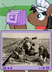 Size: 440x600 | Tagged: safe, derpibooru import, full steam, promontory, exploitable meme, silent film, tied to tracks, train, train tracks, tv meme