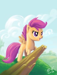 Size: 1960x2585 | Tagged: safe, artist:lunecheetah, derpibooru import, scootaloo, pegasus, pony, detailed background, female, filly, solo