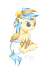 Size: 900x1349 | Tagged: safe, artist:starsong, derpibooru import, oc, oc only, oc:soft cloud, pony, a world renewed, baby, baby pony, diaper, filly, foal, solo