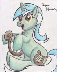 Size: 2550x3244 | Tagged: safe, artist:shadewingz, derpibooru import, lyra heartstrings, pony, unicorn, lyre, musical instrument, smiling, solo, traditional art