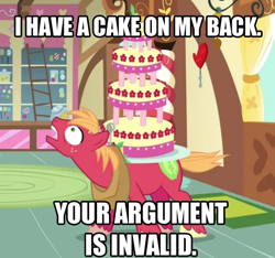 Size: 502x469 | Tagged: safe, derpibooru import, edit, edited screencap, screencap, big macintosh, earth pony, pony, mmmystery on the friendship express, cake, image macro, male, marzipan mascarpone meringue madness, meme, solo, stallion, sugarcube corner, your argument is invalid