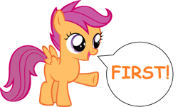 Size: 1660x1000 | Tagged: safe, derpibooru import, edit, scootaloo, comic sans, first, text, youtube, youtube grand prix