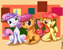 Size: 2772x2170 | Tagged: safe, artist:siberwar, derpibooru import, apple bloom, scootaloo, sweetie belle, earth pony, pegasus, pony, unicorn, cutie mark crusaders, female, filly, grin, looking at you, smiling, tongue out